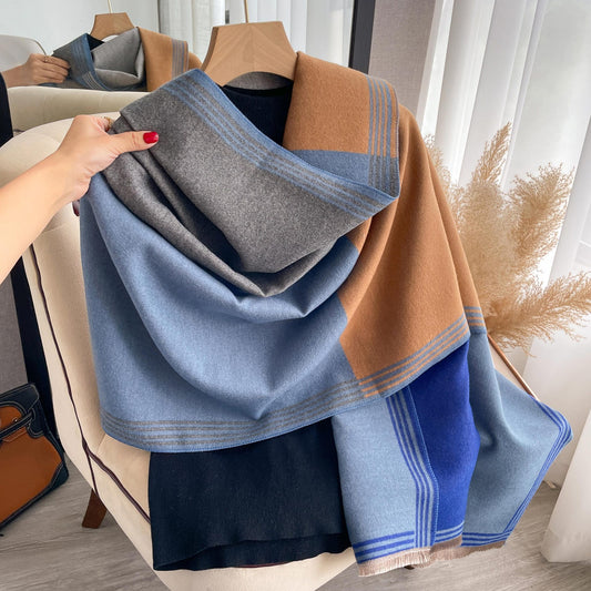 Korean-style Color-Block Fashion Faux Cashmere Scarf Womens Dual-Use Air-Conditioning Shawl