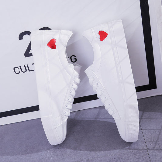 New Woman PU Leather Shoes Ladies Breathable Cute Heart Flats Casual Shoes White Sneakers