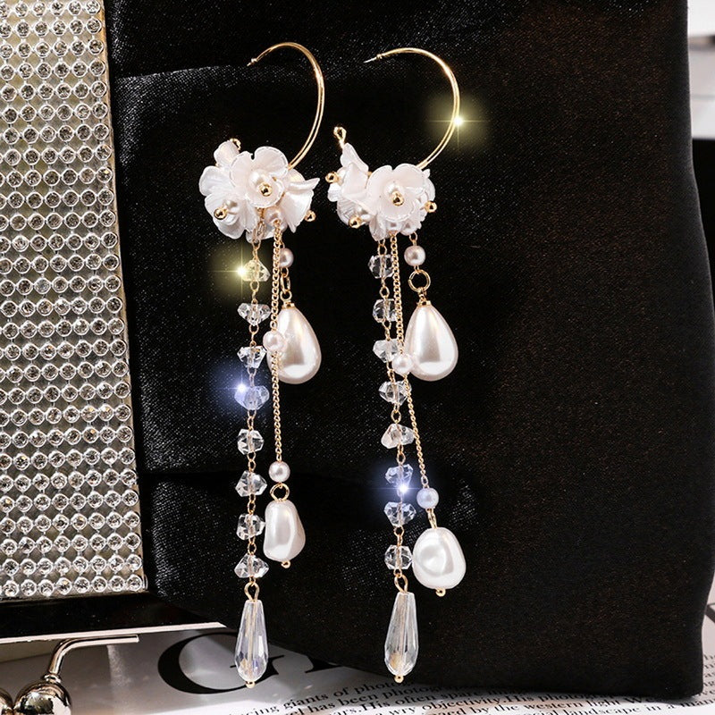 Flower Long Earrings Wild Red Rose Flower Long Rhinestone Tassel Earrings Earrings