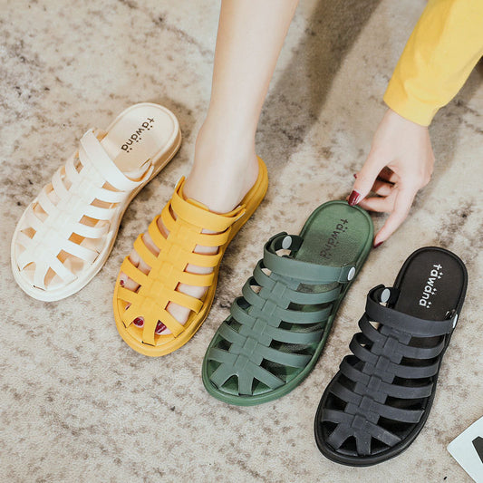 Women's Jelly Plastic Flat Heel Non-Slip Two-Wear Sandals And Slippers