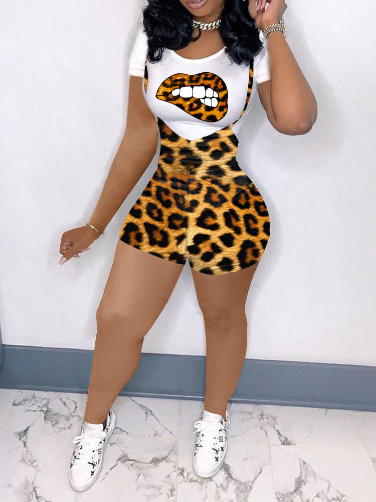Women's European And American Fashion Short-sleeved Printed Leopard Suit Two-piece Suit