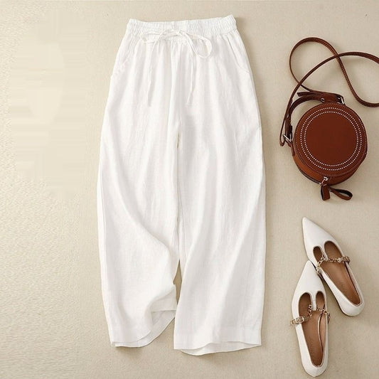 Retro Cotton And Linen Cropped Wide-leg Pants Women