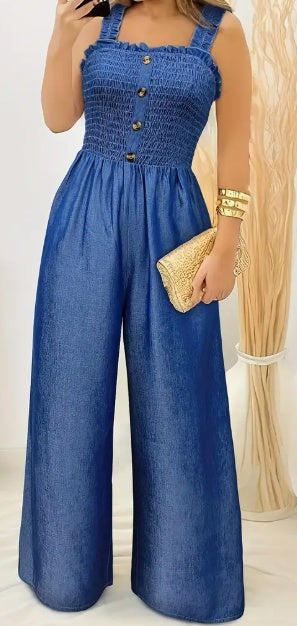 Stylish Ruched Jumpsuit - Sleeveless, Shirred, Wide Leg, Solid Colour, Button Decor, Casual, Spring & Summer Essential - Women's Fashion Clothing For Warm Weather