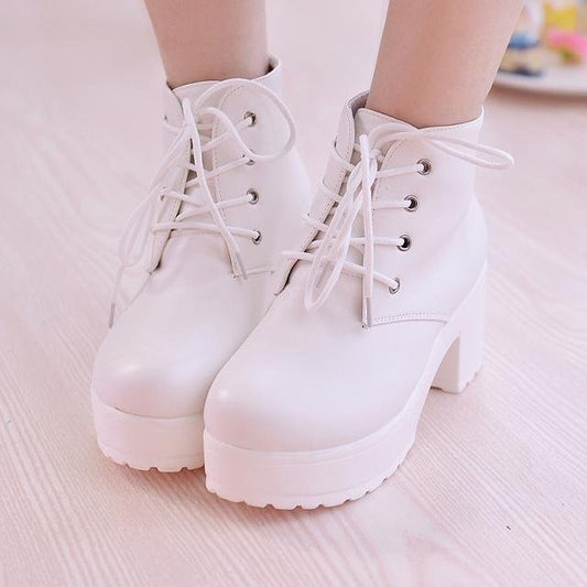 New Women's Chunky-heel Lace-up Ankle Boots With A Round Toe And High Heel