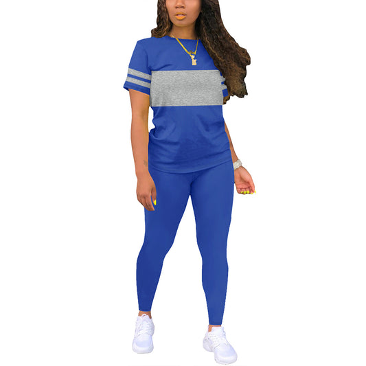 New Stylish Crew-Neck Short-Sleeve Color-Block Top And Pants Set Womens Two-Piece Outfit