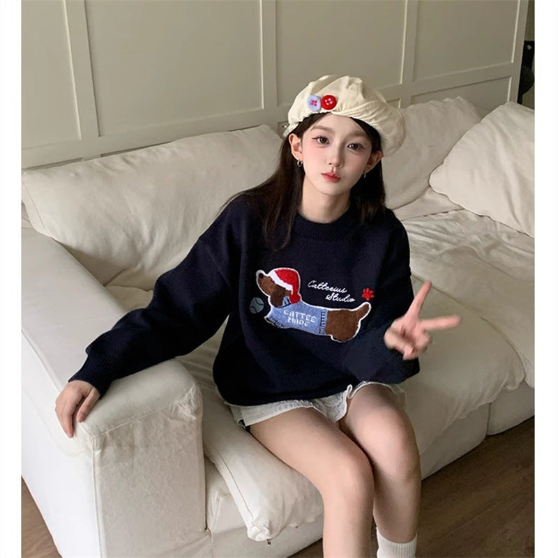 Women's Puppy Embroidered Knitwear Sweater