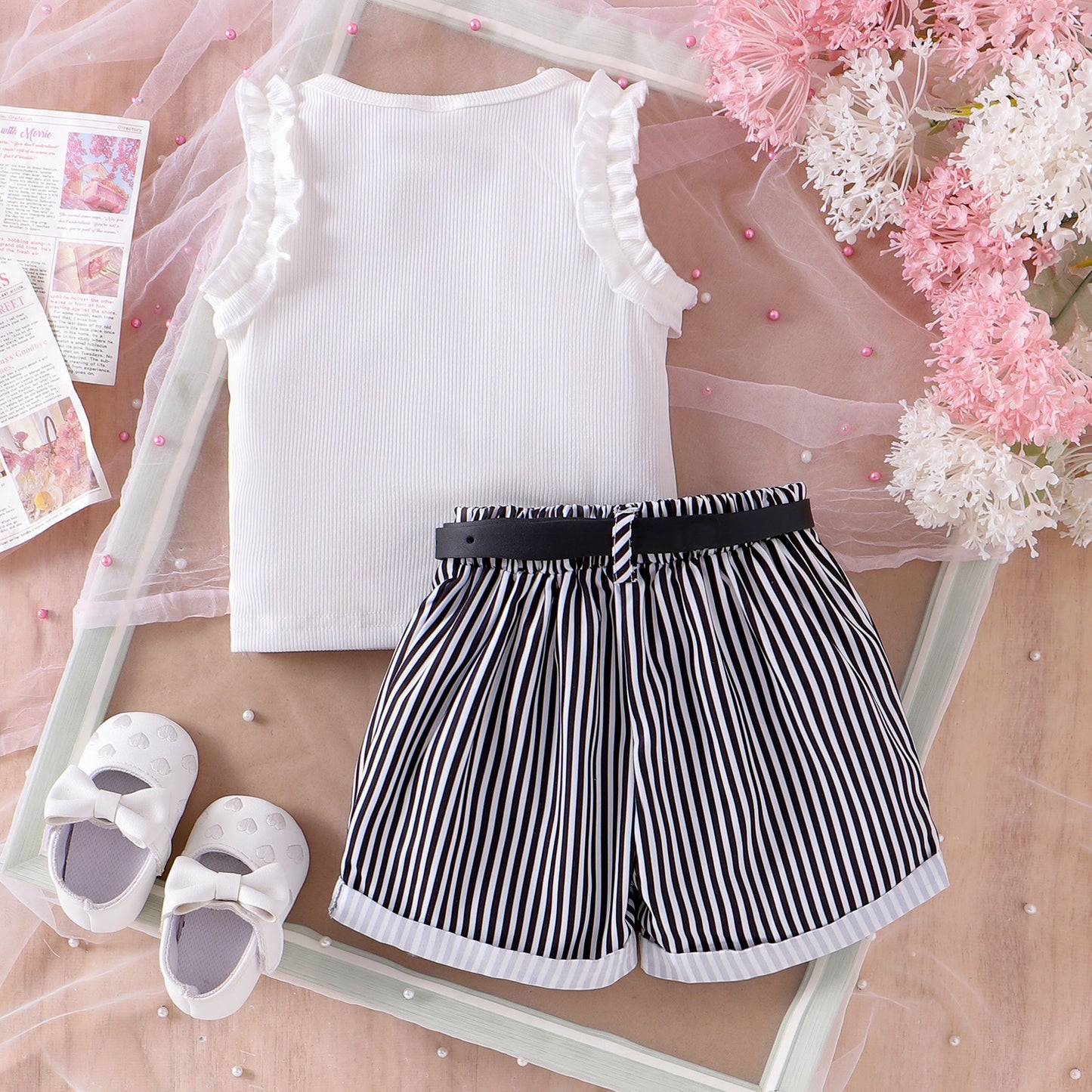 Girls' Pink Sunken Stripe Vest Shorts