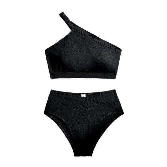 One-shoulder Split Sunken Stripe High Waist Swimsuit