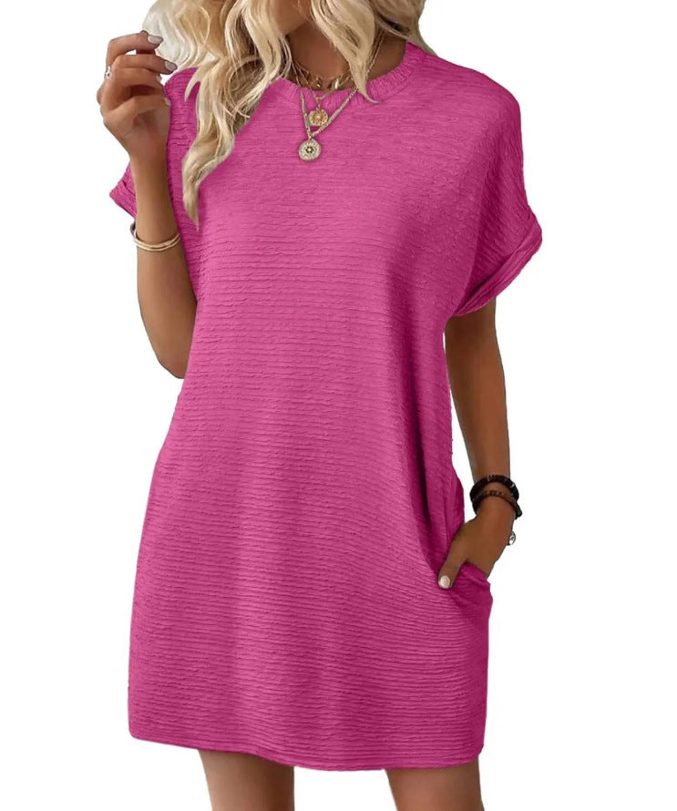 Loose Round Neck Pocket Solid Colour Short Sleeve Dress Women