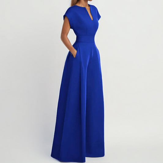 Women's Elegant Solid Colour And V-neck Sleeveless Waist Wide-leg Jumpsuit