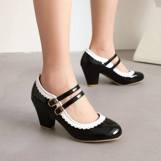 Womens Round-toe Patent Leather Chunky-heeled High Heels In Candy Colors