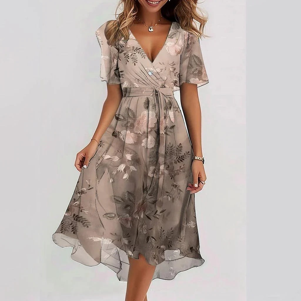 Chiffon Printed Short Sleeve Dress Summer Elegant V-neck Dresses Women Clothing