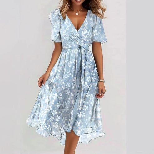 Chiffon Printed Short Sleeve Dress Summer Elegant V-neck Dresses Women Clothing