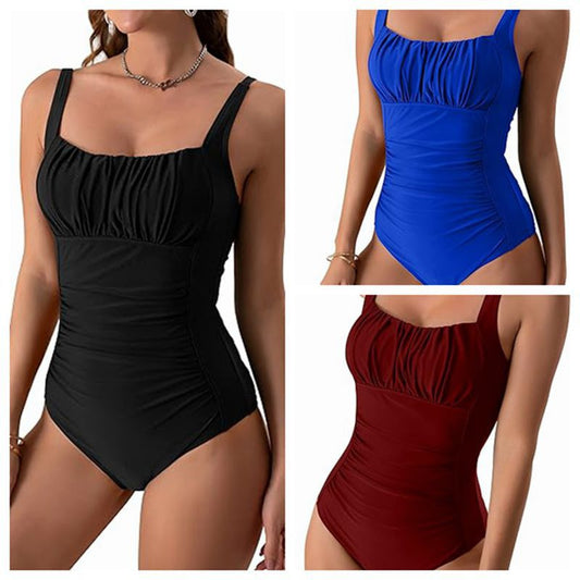 Sexy Square Neck One-piece Bikini Summer New Solid Colour Pleated Design Swimsuit Beach Vacation Women Clothing