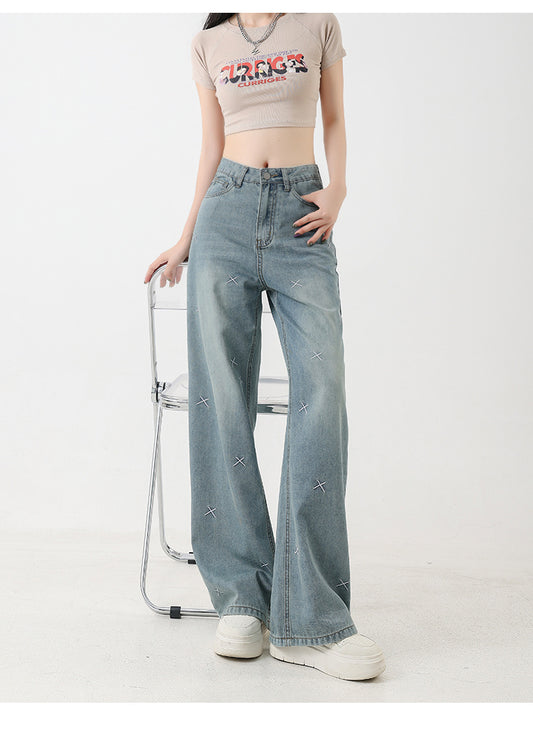 Women's Tencel Light Coloured Embroidered Wide Leg Jeans