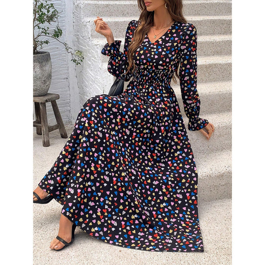 European And American Fall Women's Clothing Printed V-neck Long Sleeve Big Hem Fashion All-matching Long Sleeve