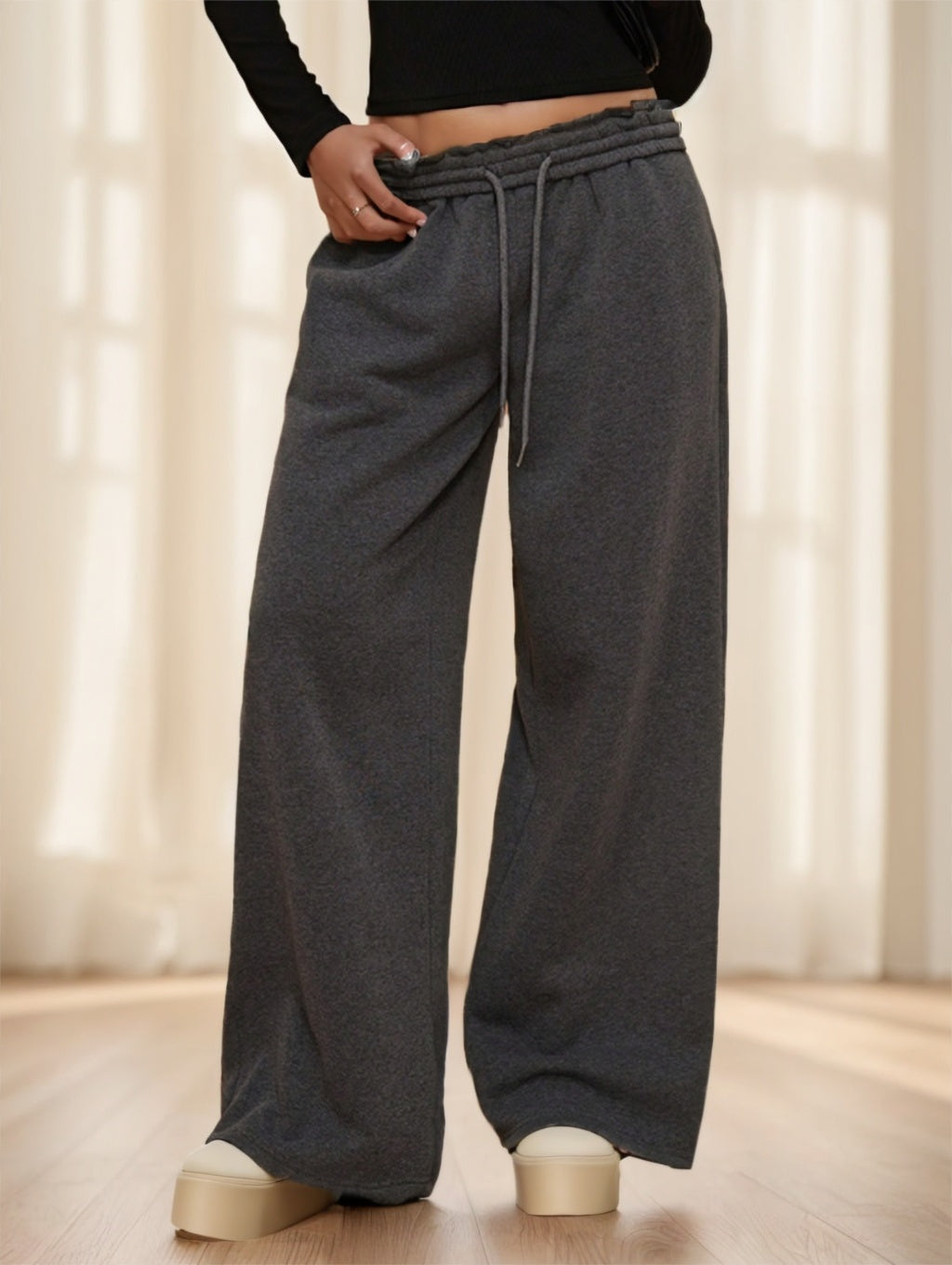 Forever 21 Autumn Winter New Thermal Lined Thick Casual Versatile High Waist Elastic Waist Loose Wide Leg  Sweatpants