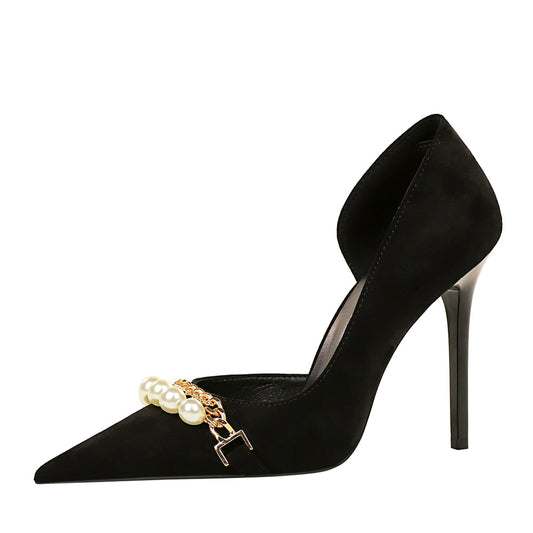 Women's Shallow-toe Pointed-toe Pearl-embellished Metallic Chain Side-cutout Pumps