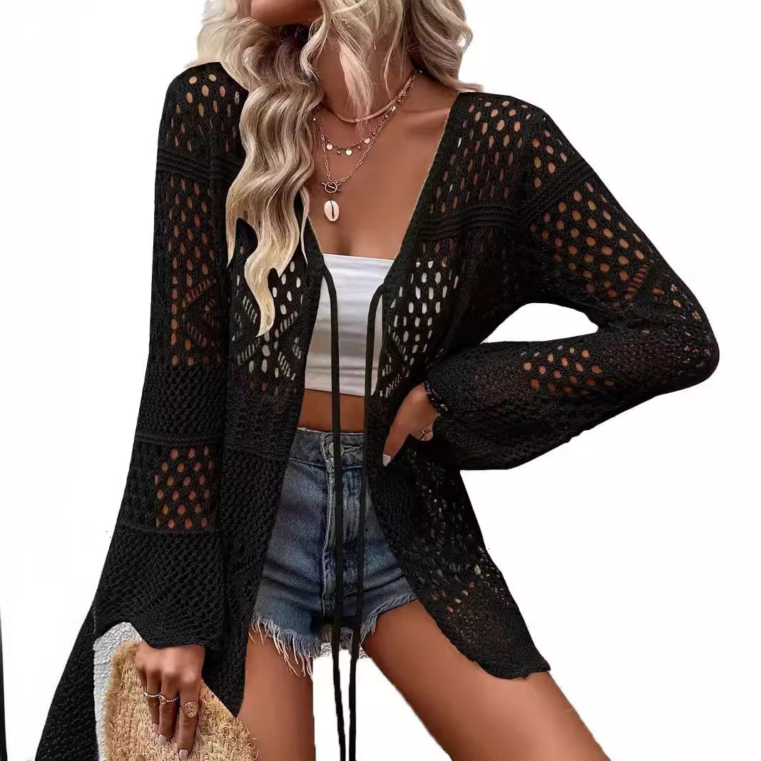 Solid-color Knitted Beach Cover-up Sun-protective Cardigan