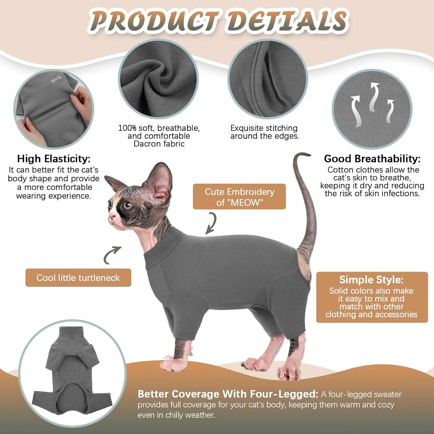 Sphynx Cats Sweater Turtleneck Hairless Cat Shirt Soft And Warm Kitten Clothes With Sleeves Pullover Pet Winter Pyjamas Jumpsuit For Cat Puppy