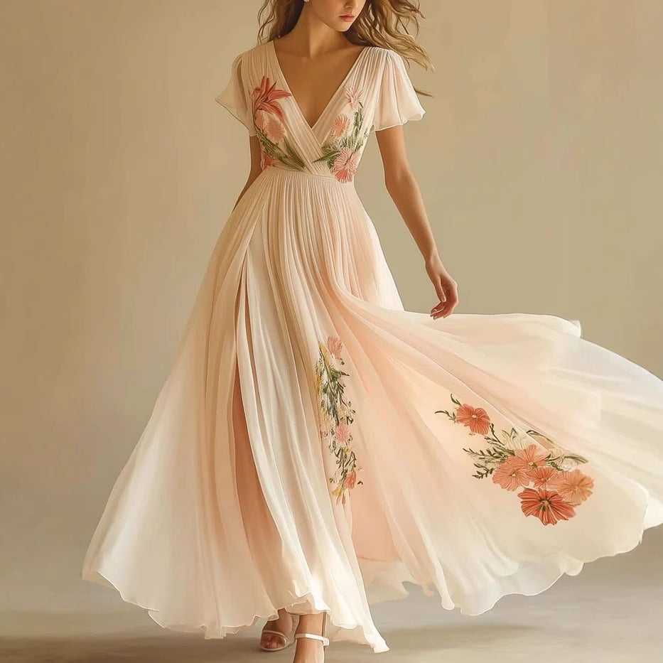 Women's V-neck Short-sleeved Digital Printing Positioning Long Dress