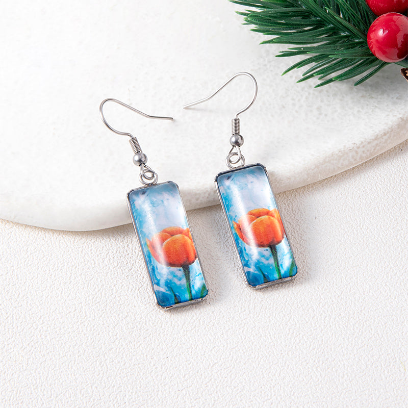 New Flowers Tulip Time Gemstone Dangle Earrings Creative Square Stainless Steel Earrings
