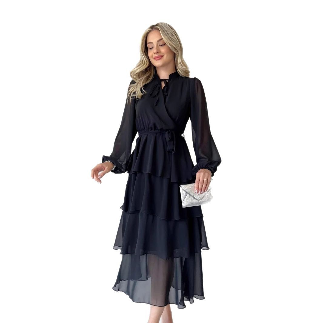 Solid Colour Chiffon Long Sleeve Multi-layer Lace-up Elegant Dress Women