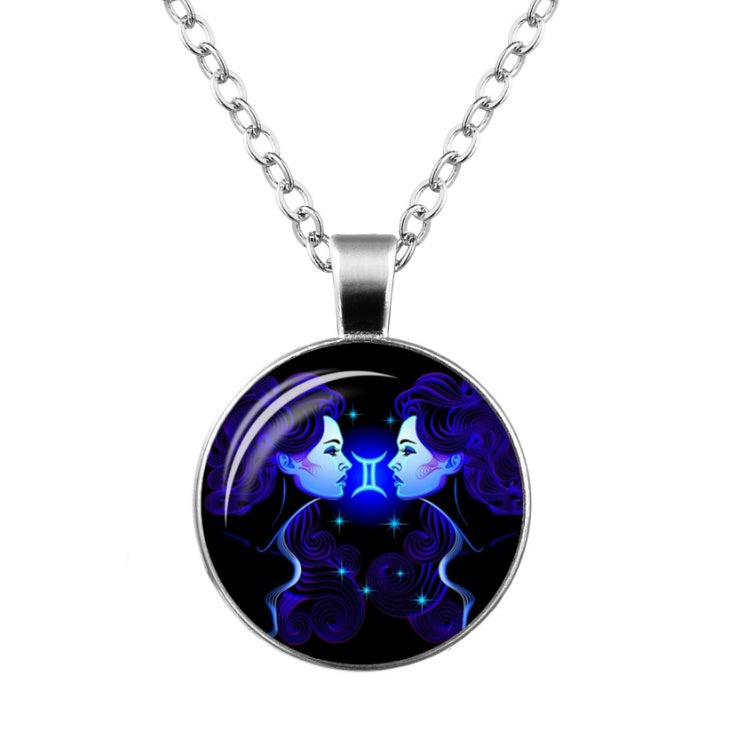 Twelve Constellation Time Gemstone Glass Pendant Necklace