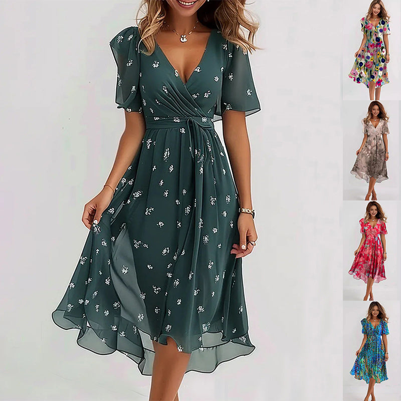 Chiffon Printed Short Sleeve Dress Summer Elegant V-neck Dresses Women Clothing