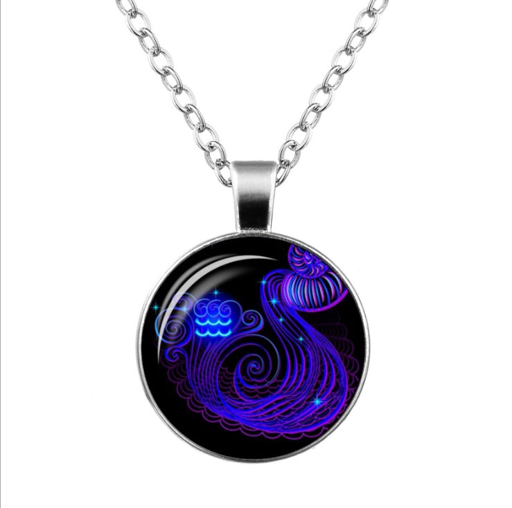 Twelve Constellation Time Gemstone Glass Pendant Necklace