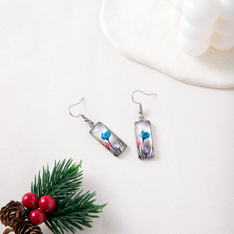 New Flowers Tulip Time Gemstone Dangle Earrings Creative Square Stainless Steel Earrings