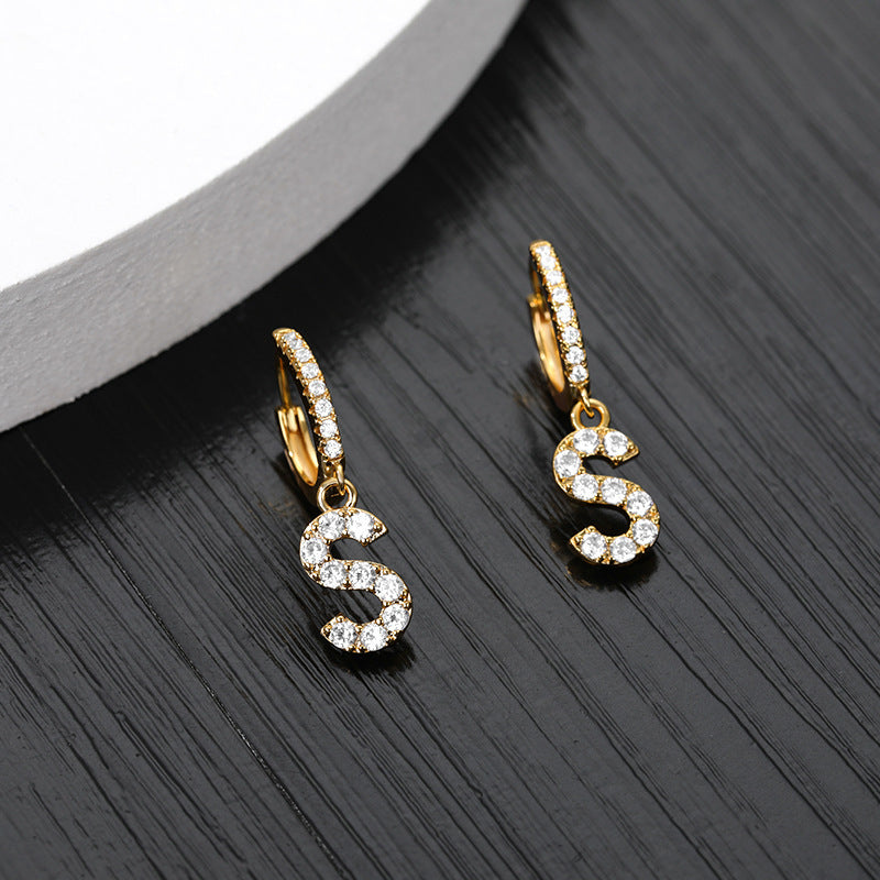 Capital English Alphabet Earrings Single  Earrings With Copper Zircon Inlaid