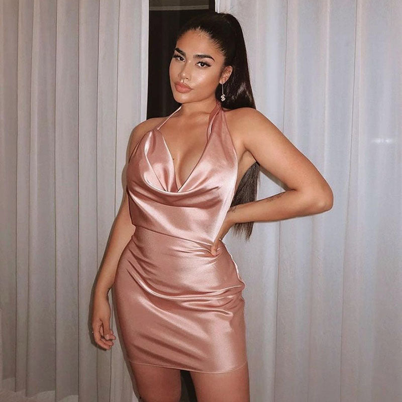 Women's Satin Party Dress V Neck Backless Mini Sleeveless Summer Party Dress