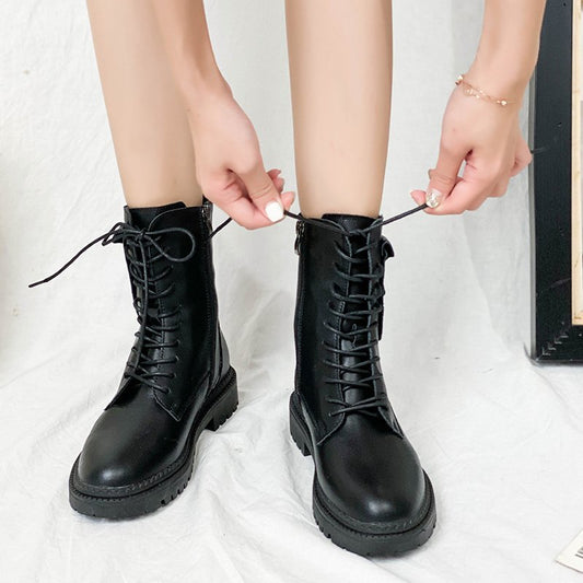 Women's Martin Ankle Boots With Round Head And Square Heel