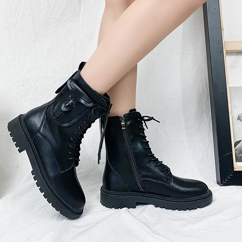 Women's Martin Ankle Boots With Round Head And Square Heel