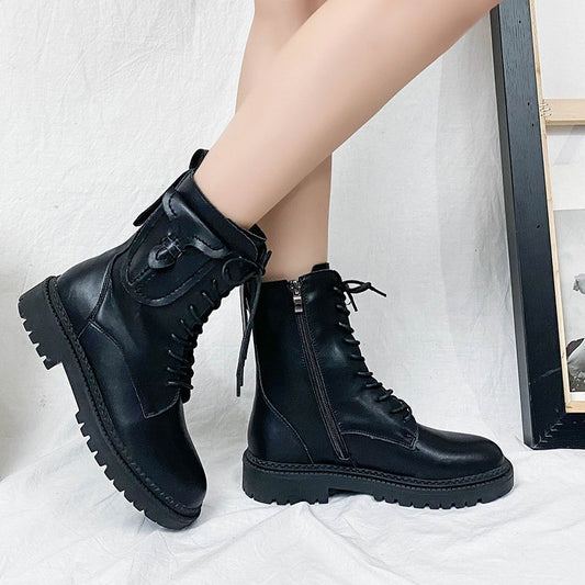 Women's Martin Ankle Boots With Round Head And Square Heel