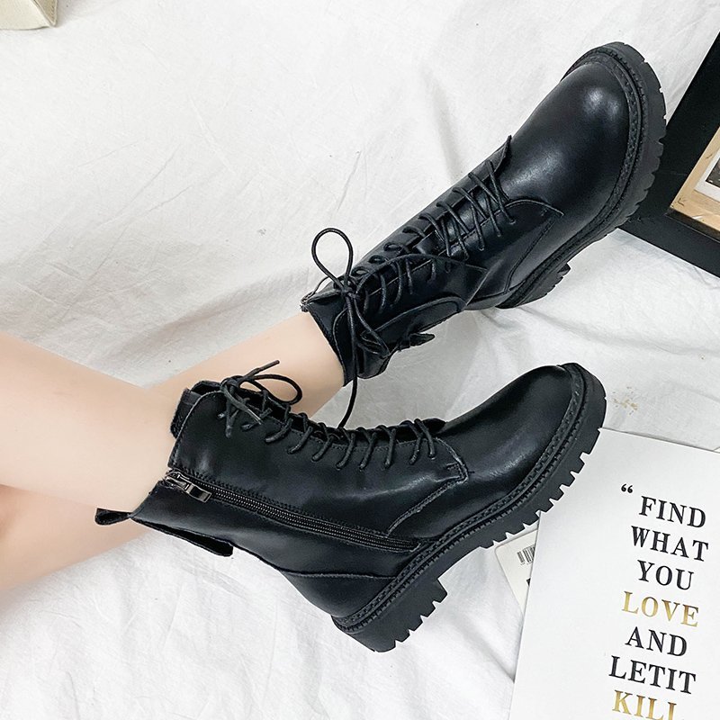 Women's Martin Ankle Boots With Round Head And Square Heel