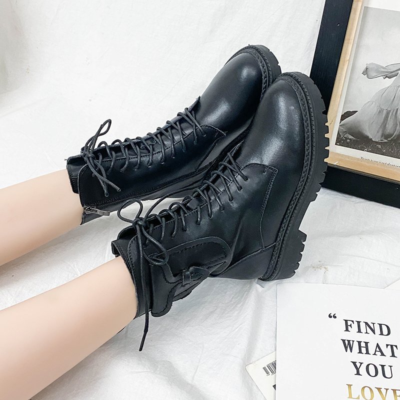 Women's Martin Ankle Boots With Round Head And Square Heel