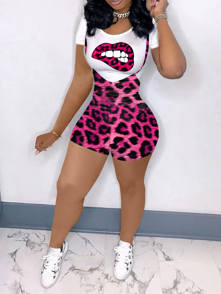 Women's European And American Fashion Short-sleeved Printed Leopard Suit Two-piece Suit