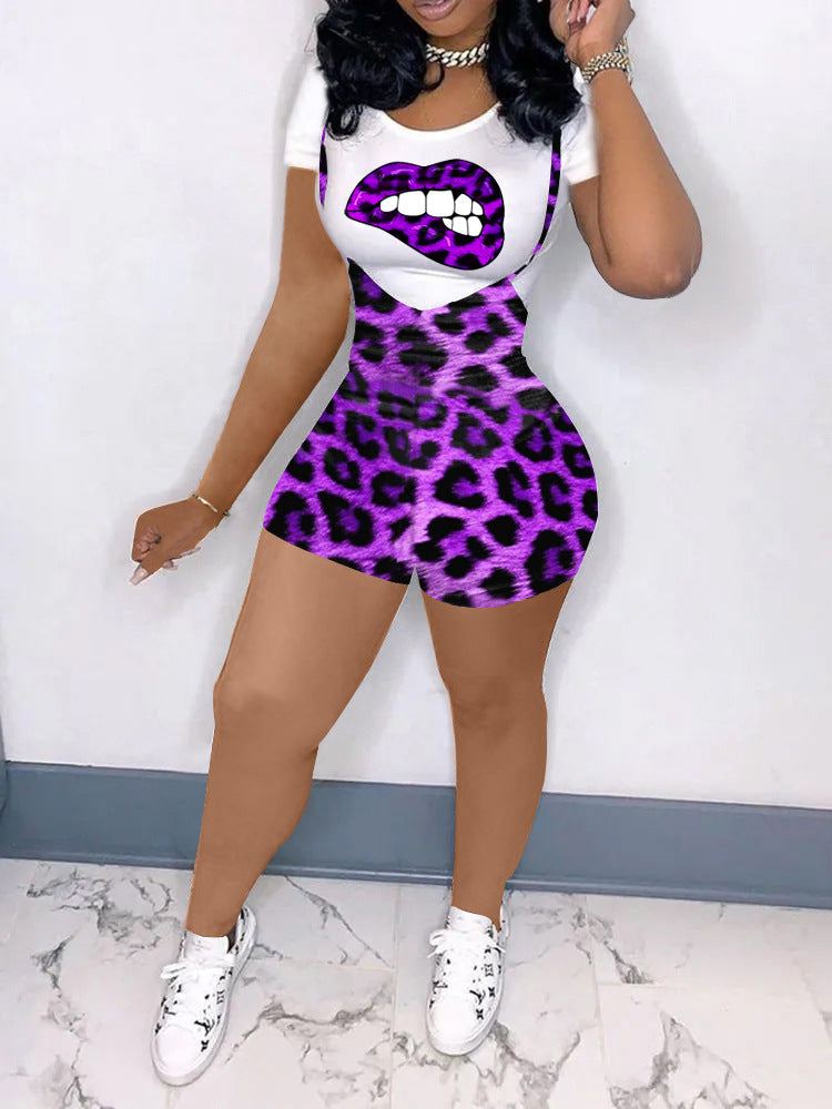Women's European And American Fashion Short-sleeved Printed Leopard Suit Two-piece Suit