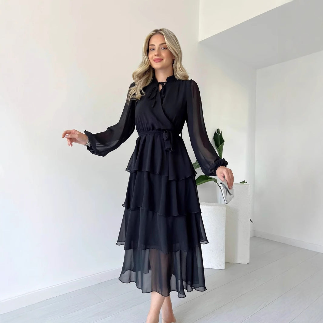 Solid Colour Chiffon Long Sleeve Multi-layer Lace-up Elegant Dress Women
