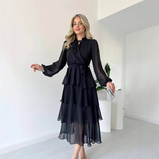 Solid Colour Chiffon Long Sleeve Multi-layer Lace-up Elegant Dress Women