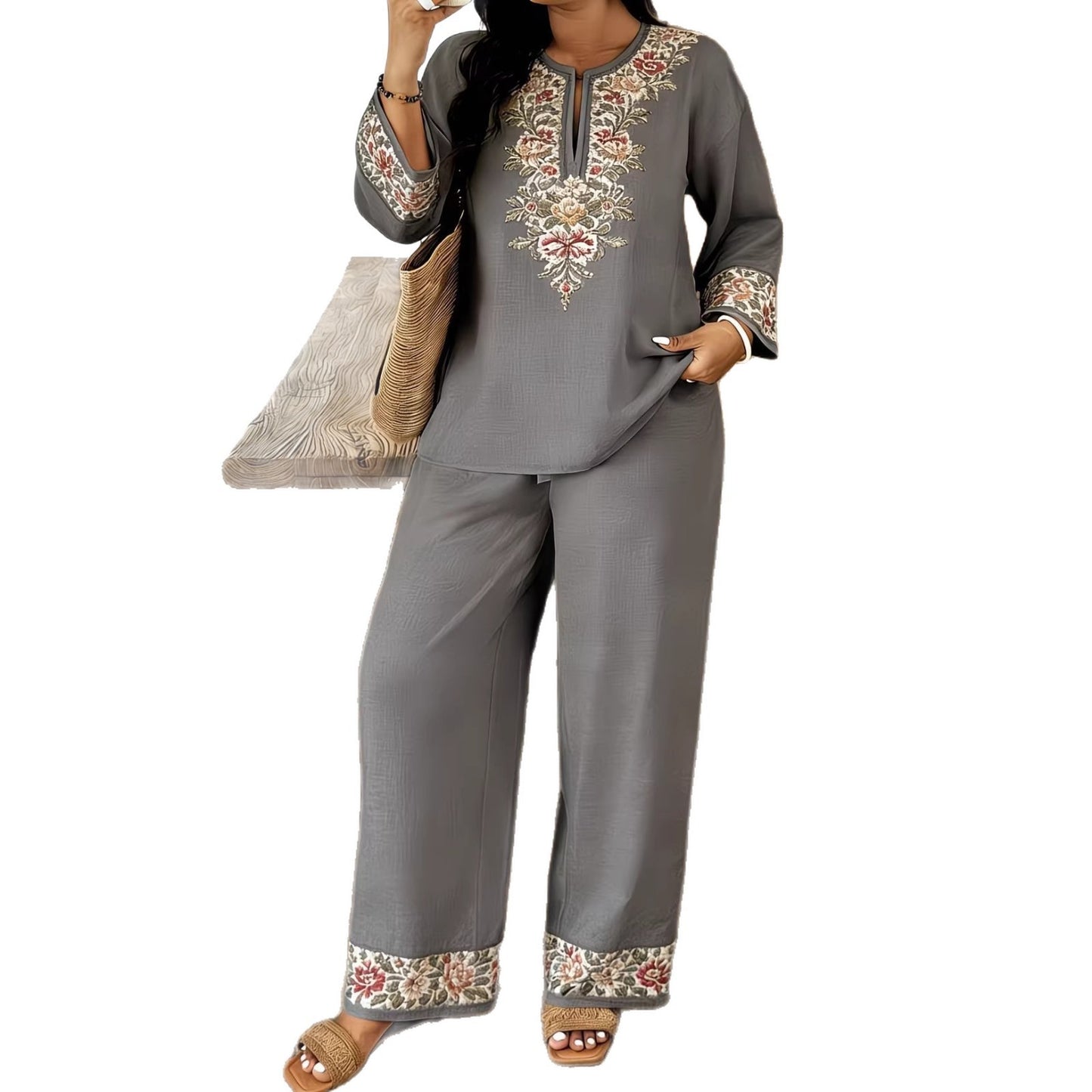 Long-sleeve Lace Floral Long-sleeve Ethnic-style Middle Eastern Set