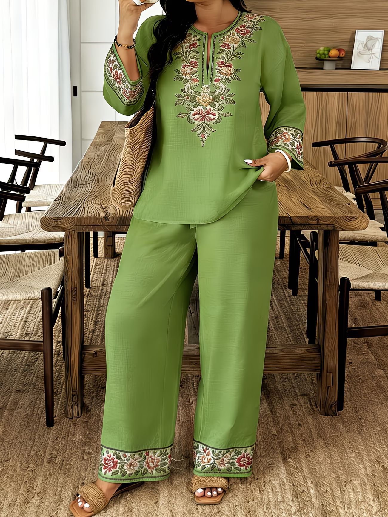 Long-sleeve Lace Floral Long-sleeve Ethnic-style Middle Eastern Set