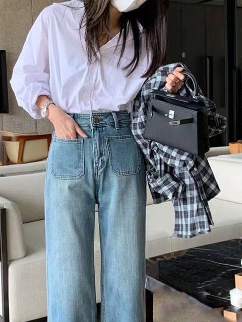Light Blue Wide-leg Jeans For Women High Waist Loose Slimming Petite Nine-point Straight