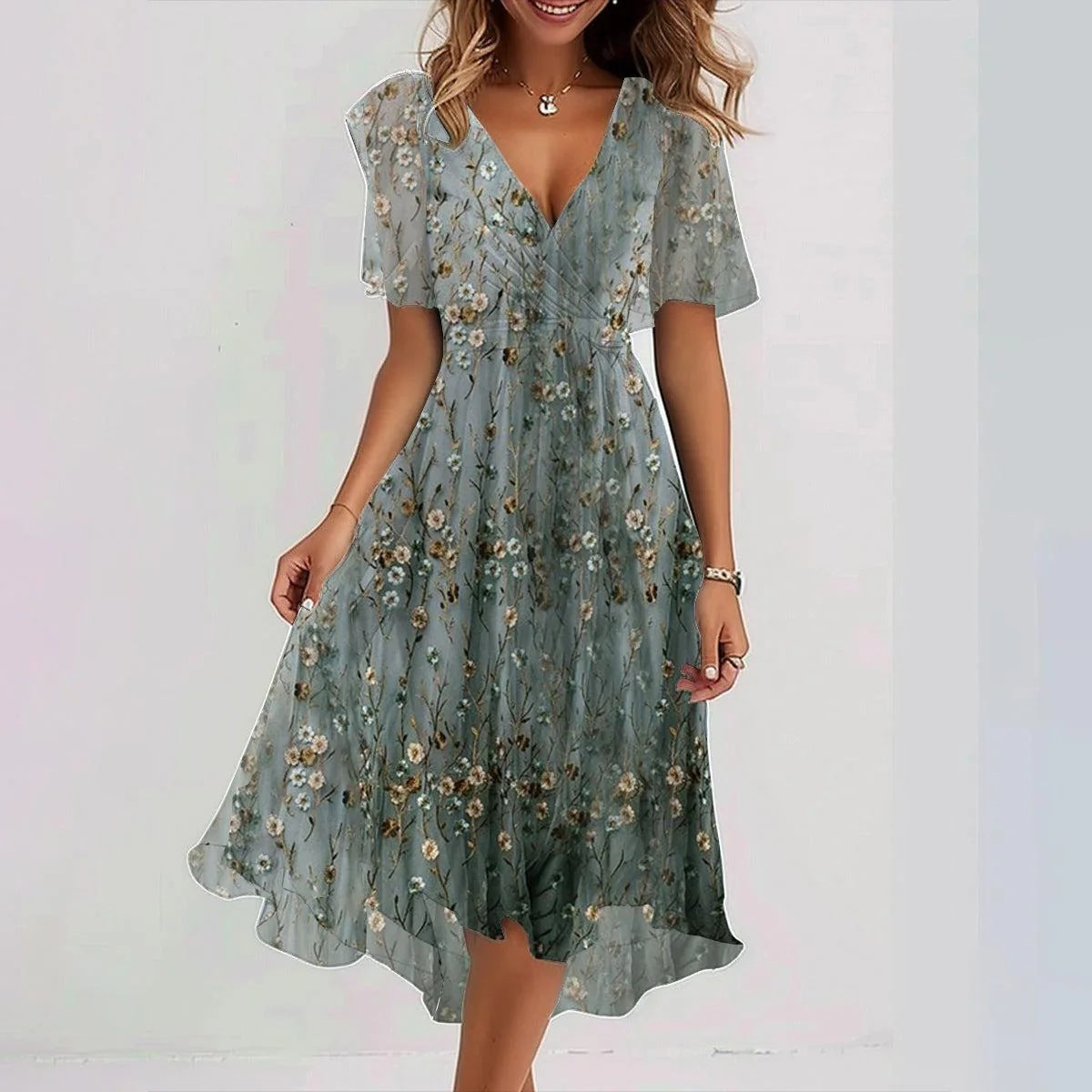 Chiffon Printed Short Sleeve Dress Summer Elegant V-neck Dresses Women Clothing