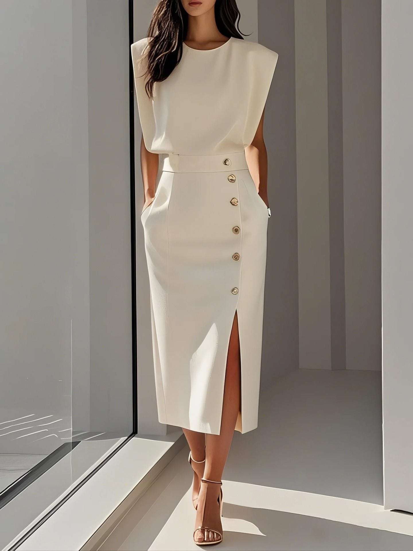 Split Metal Button Summer Dress Women