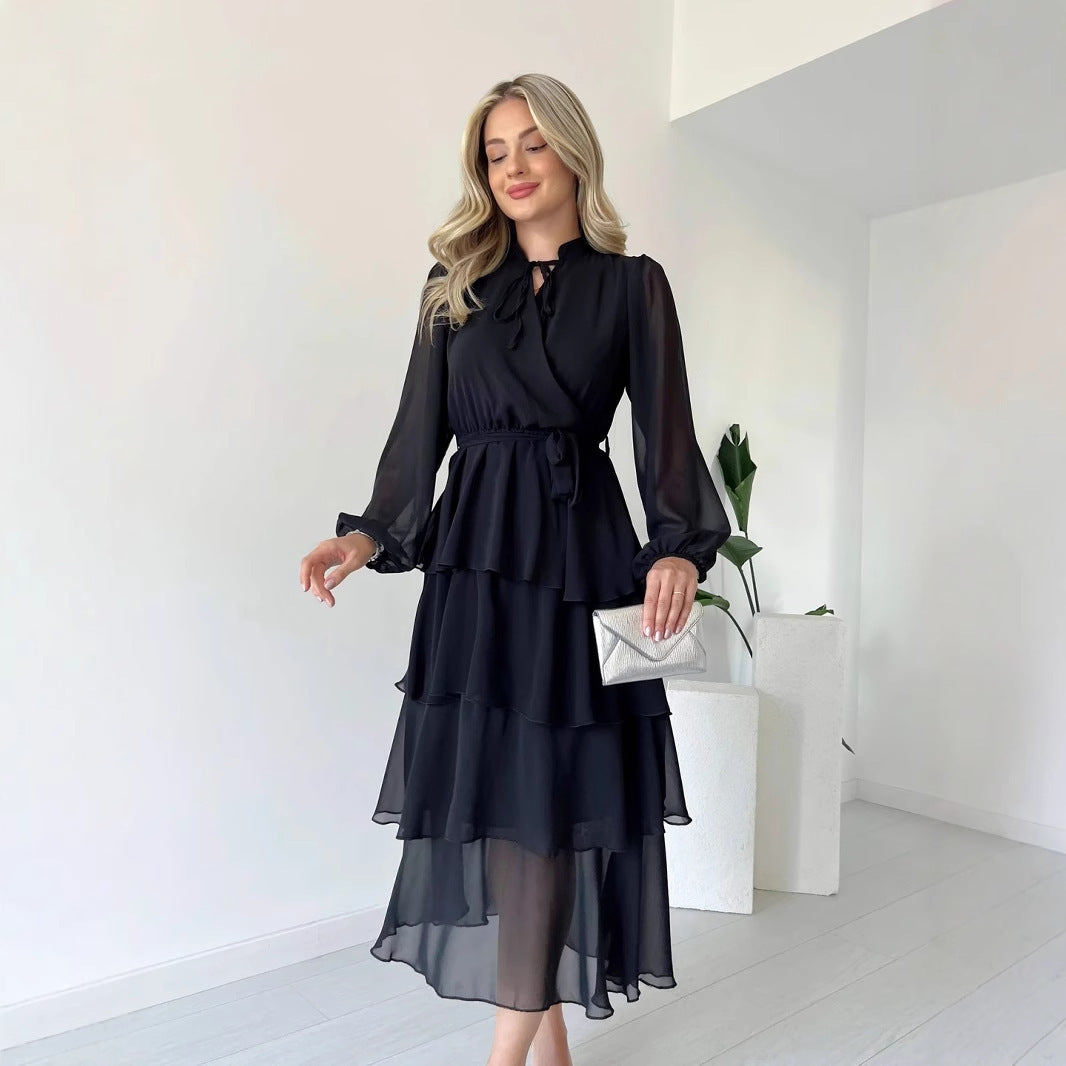Solid Colour Chiffon Long Sleeve Multi-layer Lace-up Elegant Dress Women