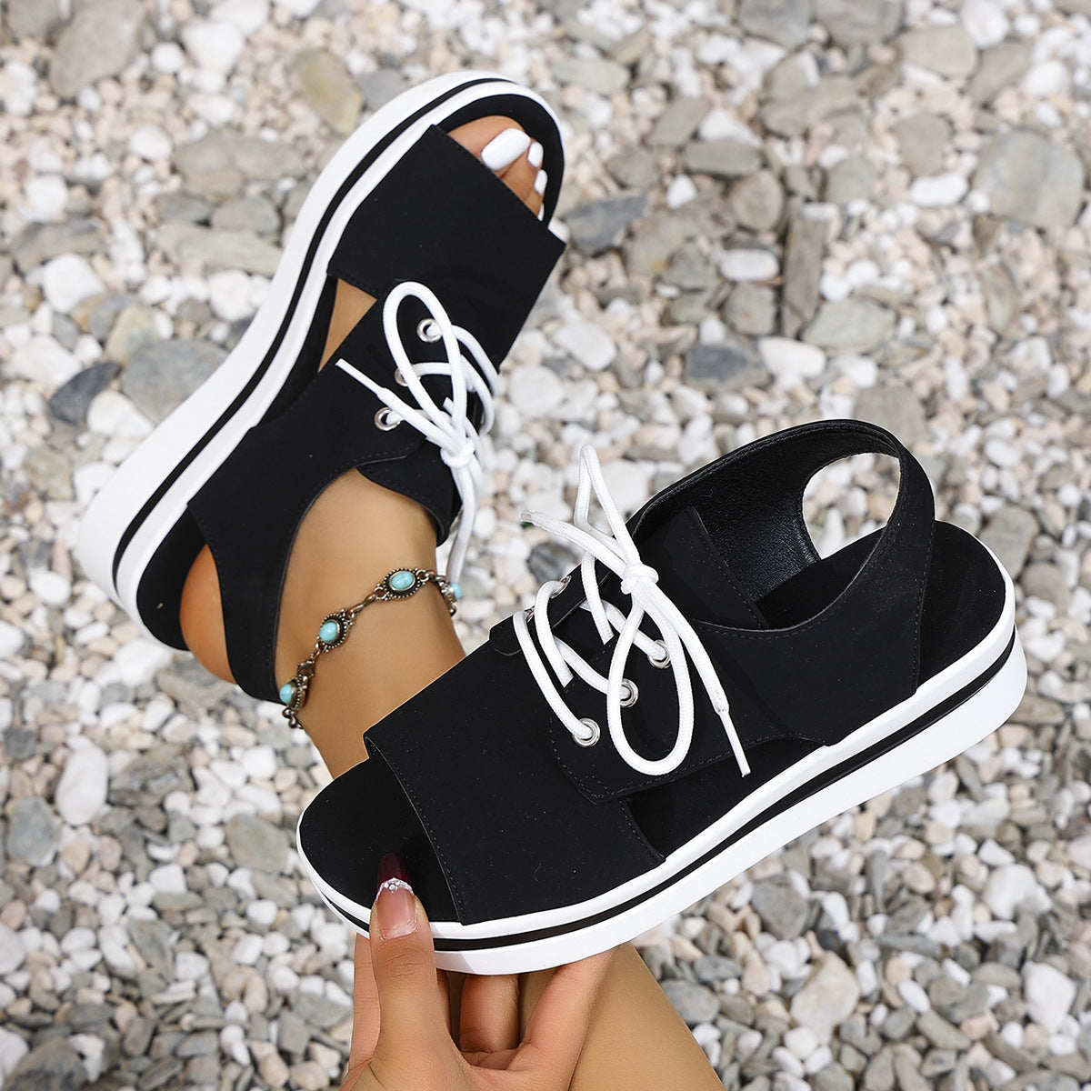 Plus Size Thick-soled Peep Toe Lace Up Casual Roman Sandals