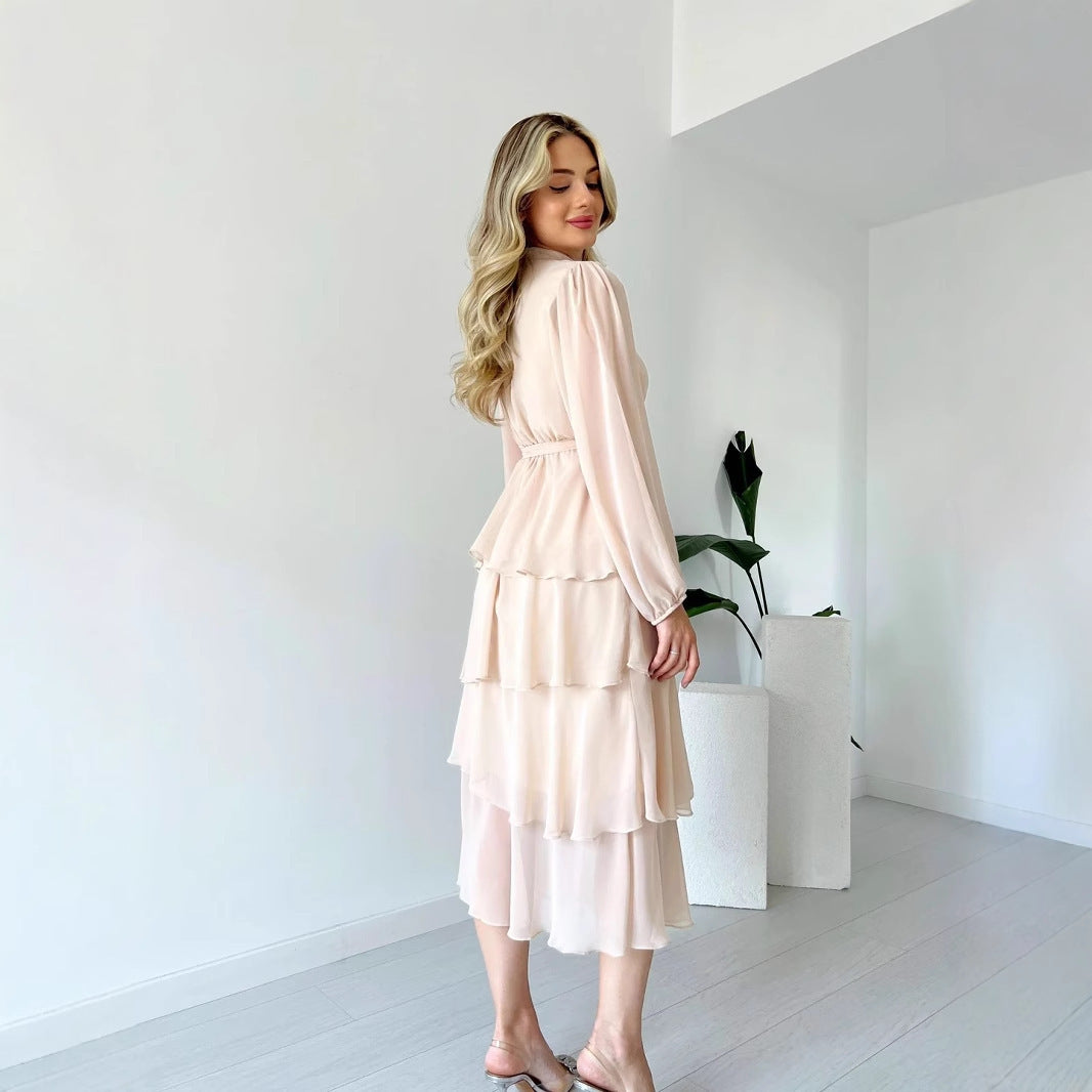 Solid Colour Chiffon Long Sleeve Multi-layer Lace-up Elegant Dress Women
